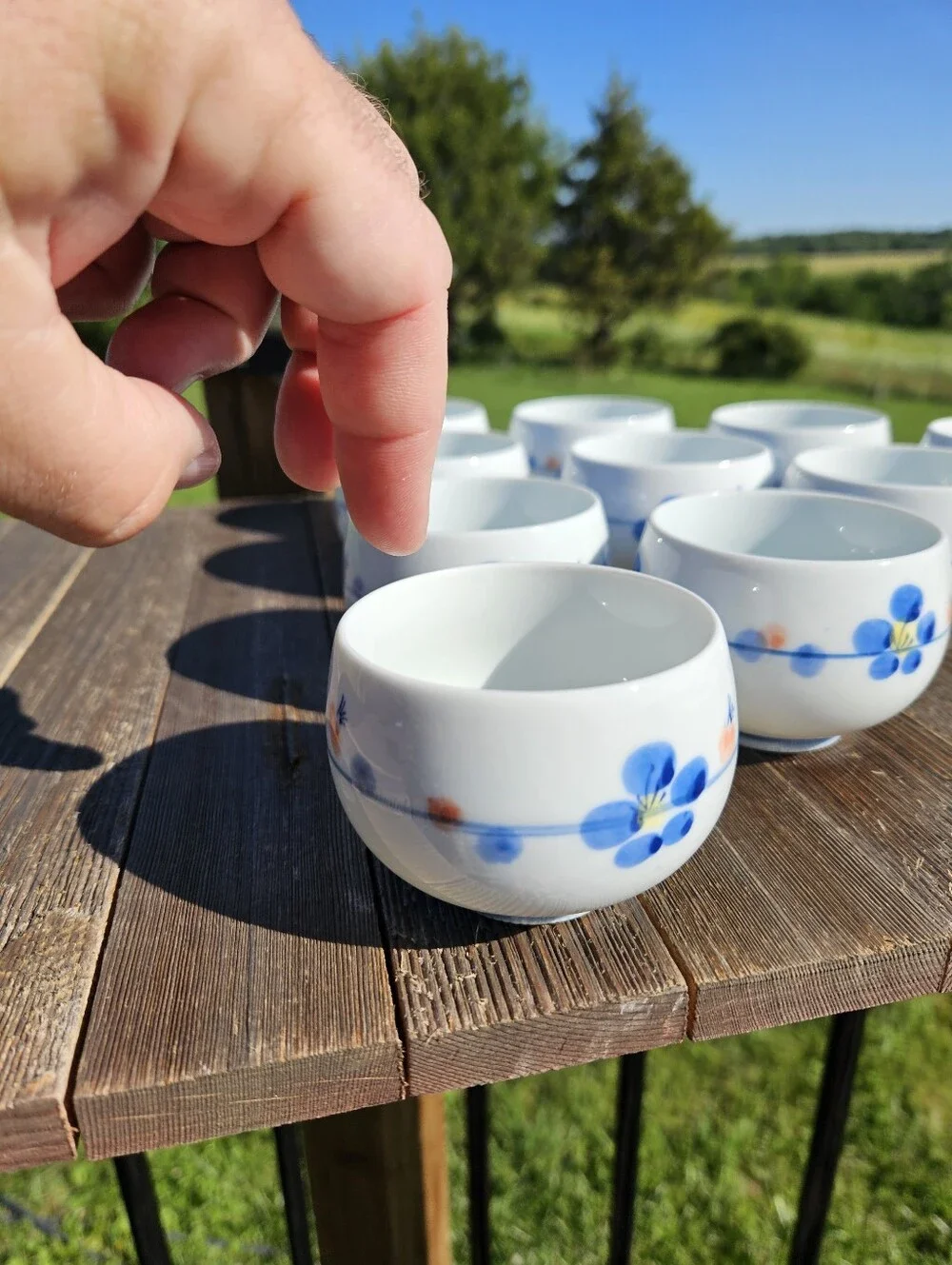 Set of 10 Vintage Japanese Arita Ware Yunomi Tea Cups Blue Floral White Porcelai